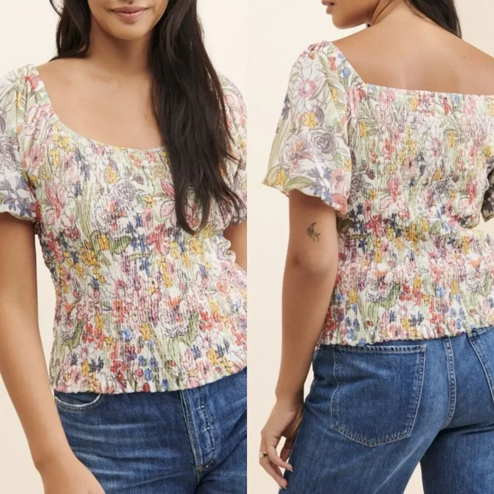 Anthropologie Smocked Floral Puff Sleeve Top Multicolor Size L Stretchy Summer B